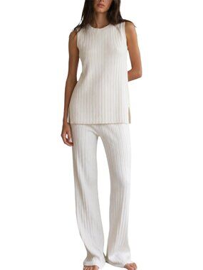 Size S White Ribbed Knit Tank & Wide Leg Sweater Lounge Pant Set